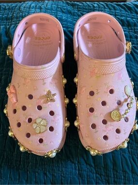 CROCS x Love Shack Fancy Pink Floral Pearl & Gold Charm Clogs